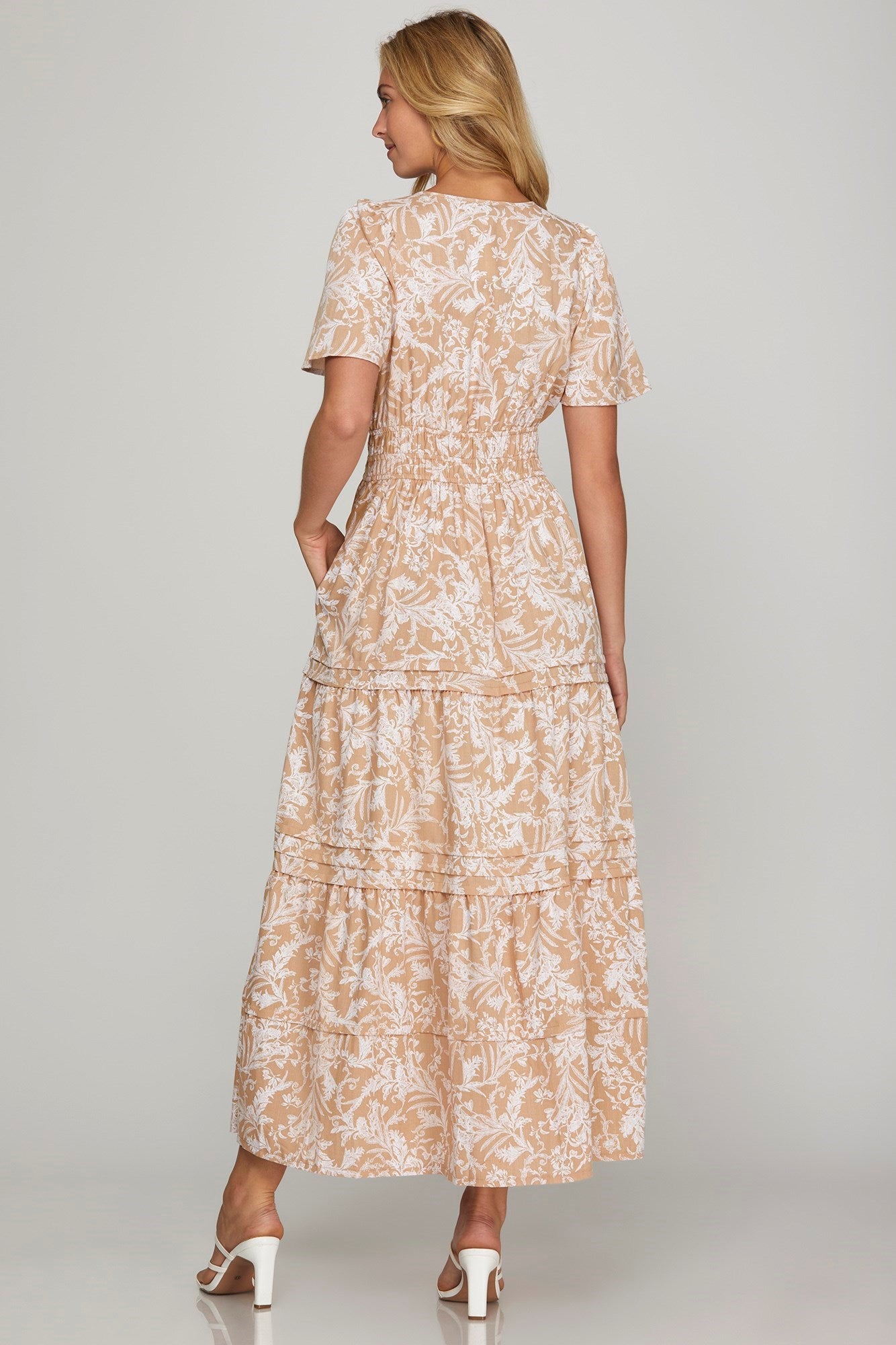 She + Sky Printed Notched Woven Tiered Pintuck Maxi Dress with Side Pockets - Clothes For Her Online Store