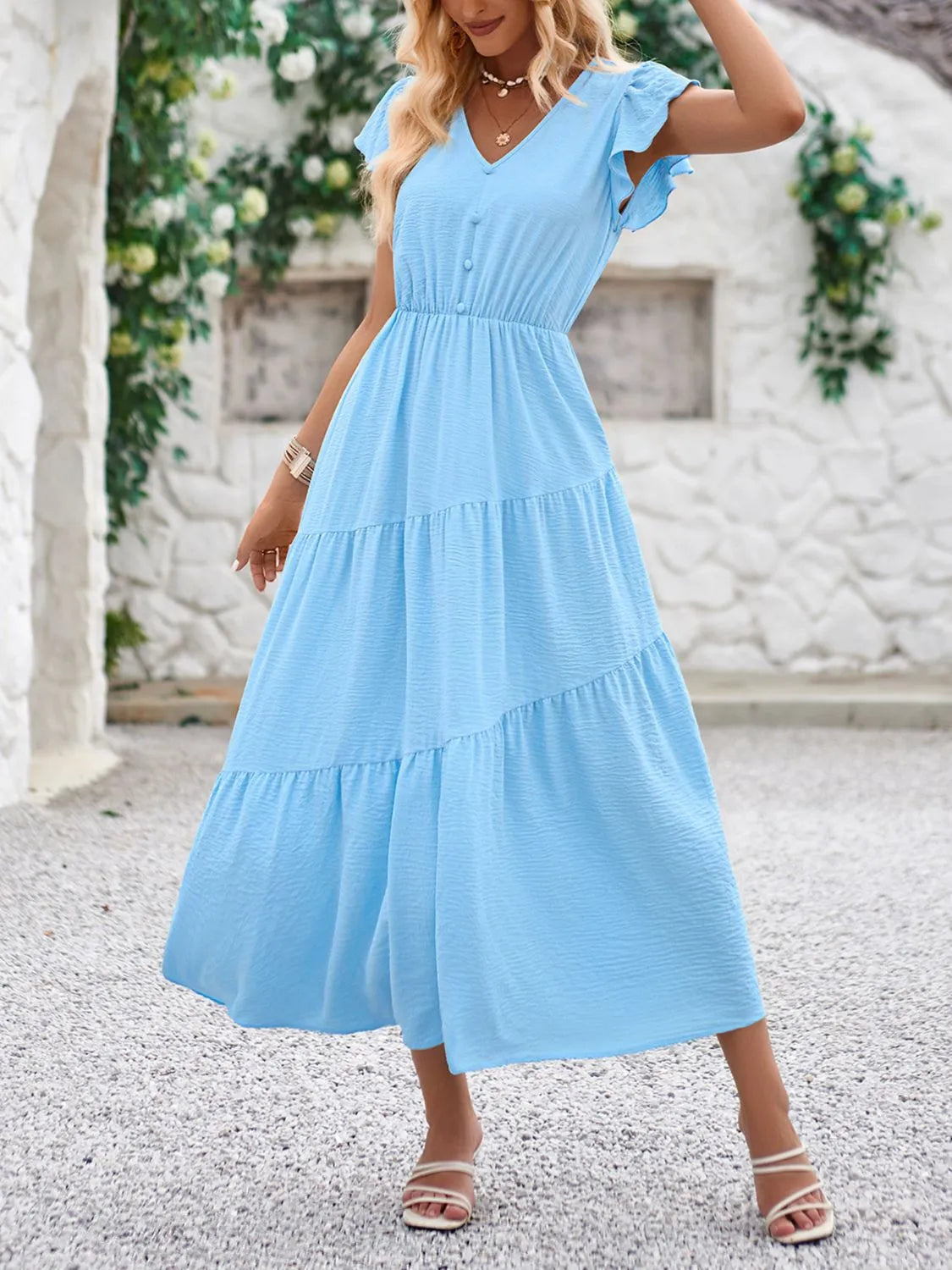 V-Neck Ruffle Sleeve Dress