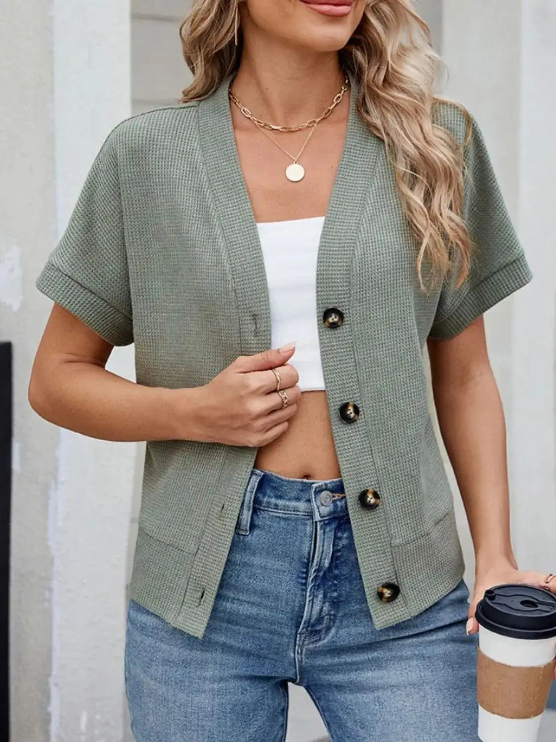 Waffle Knit Button Down Short Sleeve Top - Clothes For Her Online Store