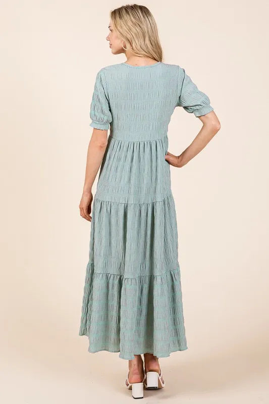 BOMBOM Textured Short Sleeve Tiered Dress
