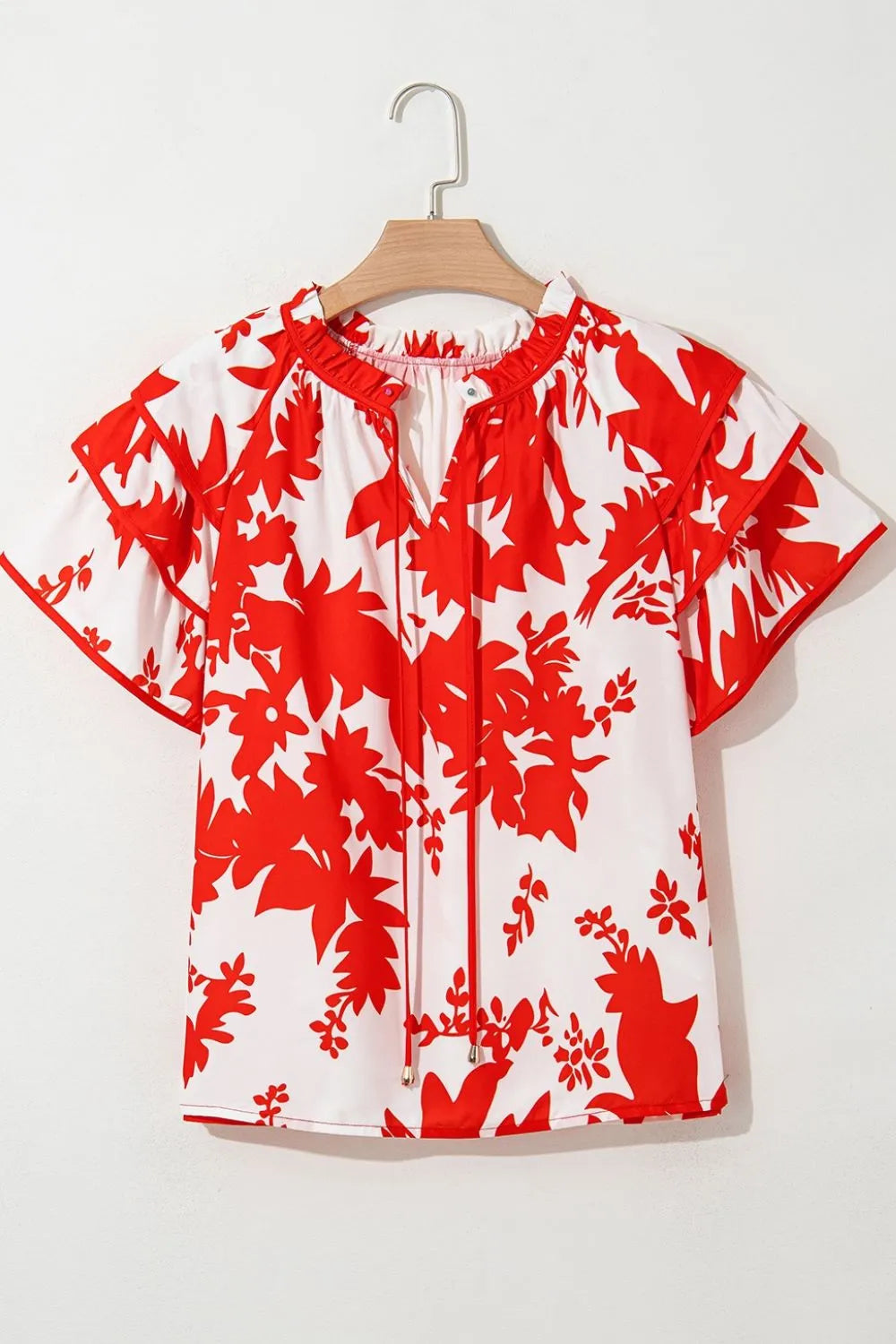 Plant Print Tiered Ruffled Sleeve Tie Neck Blouse