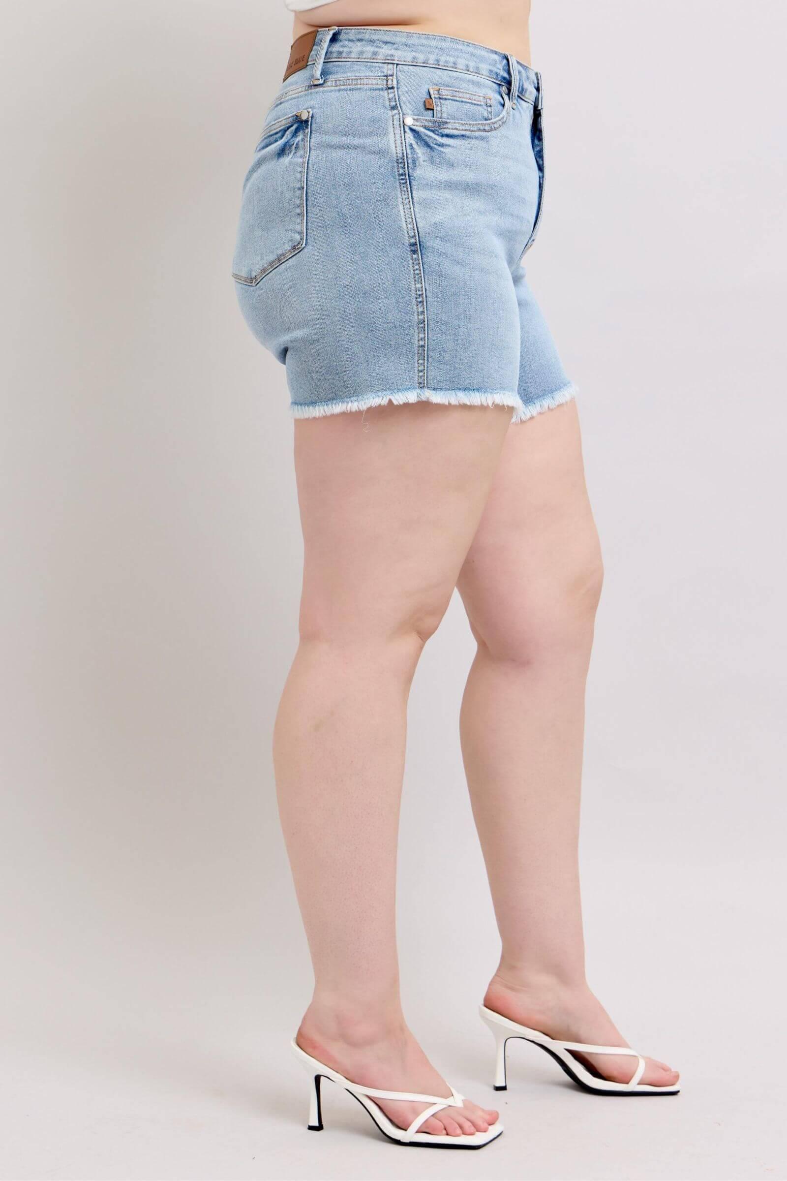 Judy Blue Full Size Tummy Control Raw Hem Denim Shorts Plus Size