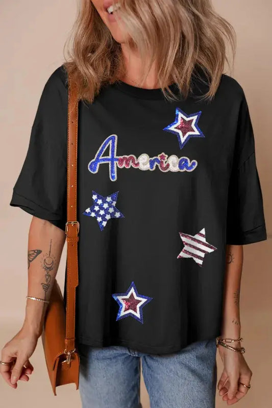Sequined America Star Round Neck T Shirt - Clothes For Her Online Store