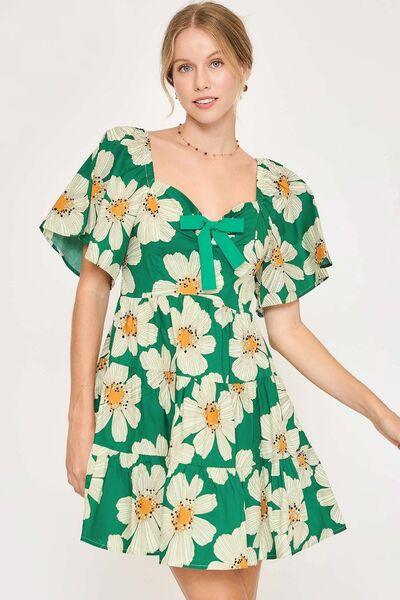 Umgee Full Size Daisy Print Mini Dress with Ribbon Details Plus Size