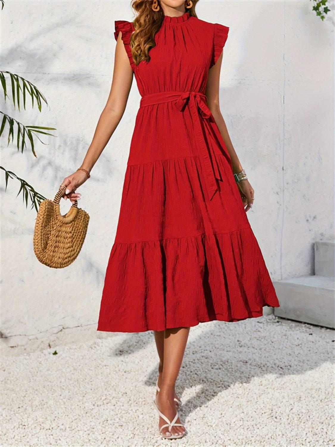 Frill Mock Neck Ruffled Cap Sleeve Midi Dress