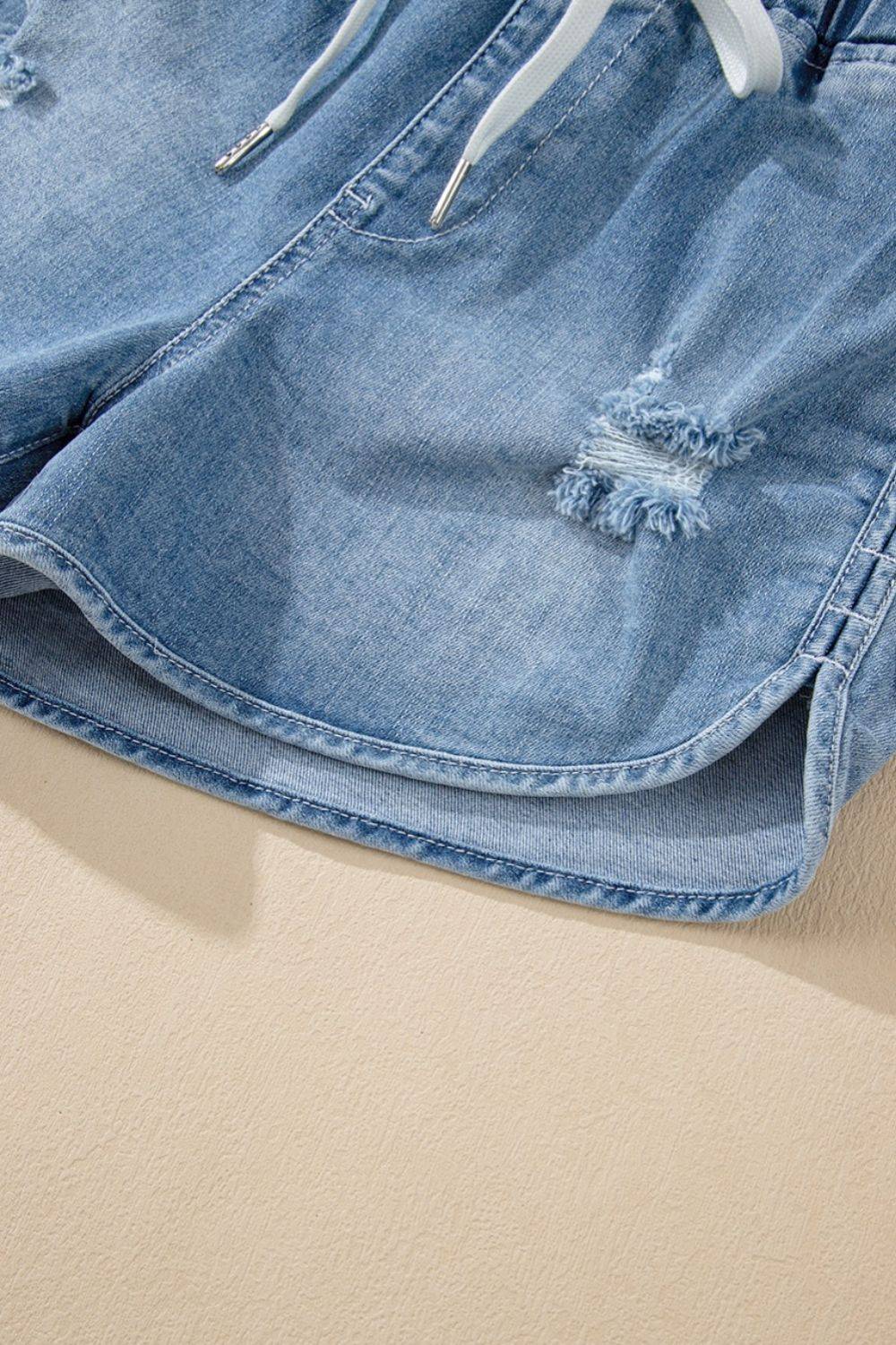 Drawstring High Waist Distressed Denim Shorts - Clothes For Her Online Store