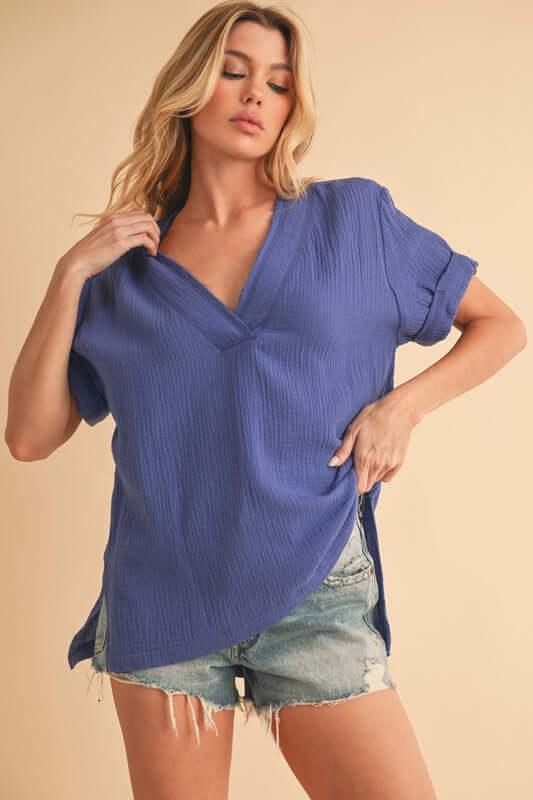 Aemi + Co Side Slit V-Neck Short Sleeve Blouse