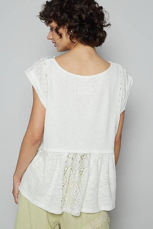 POL Embroidered Detail Boat Neck Cap Sleeve Lace Blouse