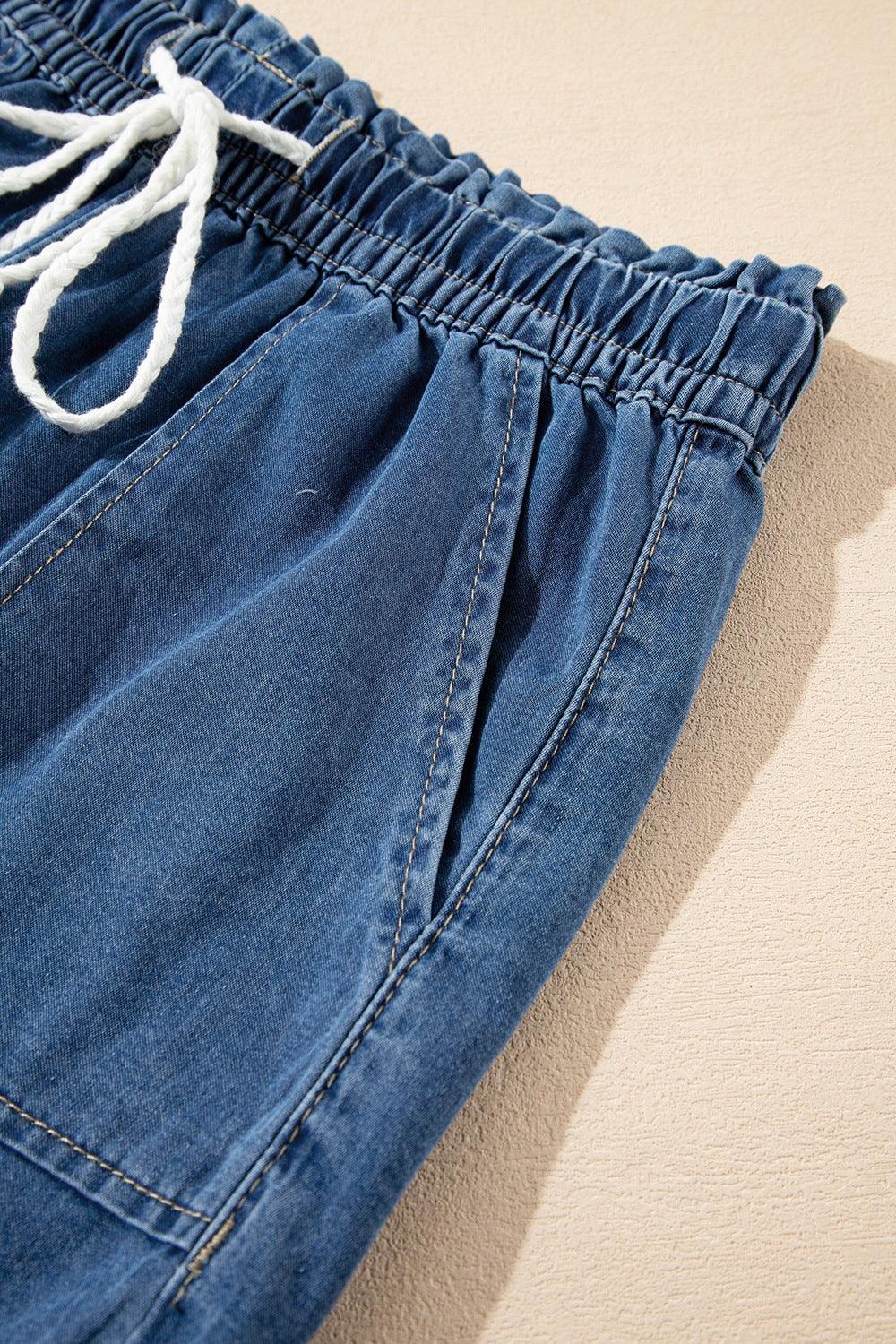 Raw Hem Drawstring High Waist Denim Shorts with Pockets