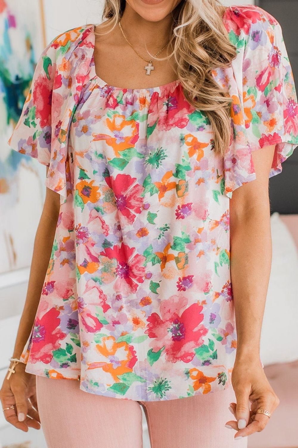 Floral Square Neck Ruffle Sleeve Blouse