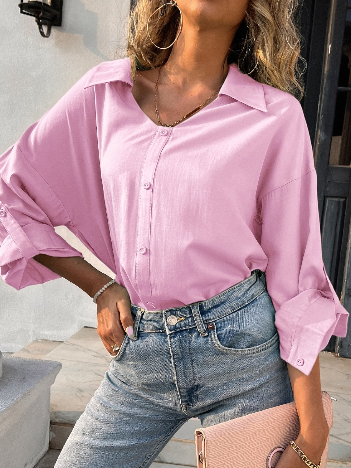 Button Down Collared Neck Long Sleeve Shirt