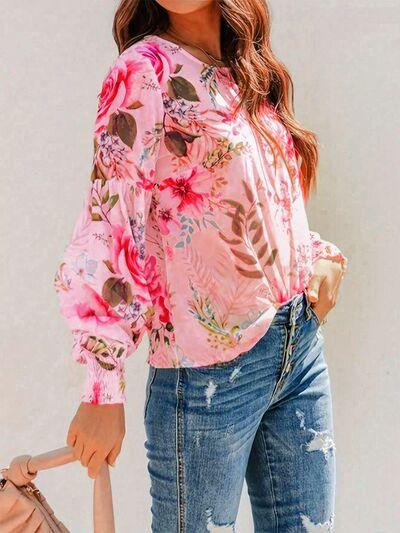 Smocked Printed Round Neck Lantern Sleeve Blouse