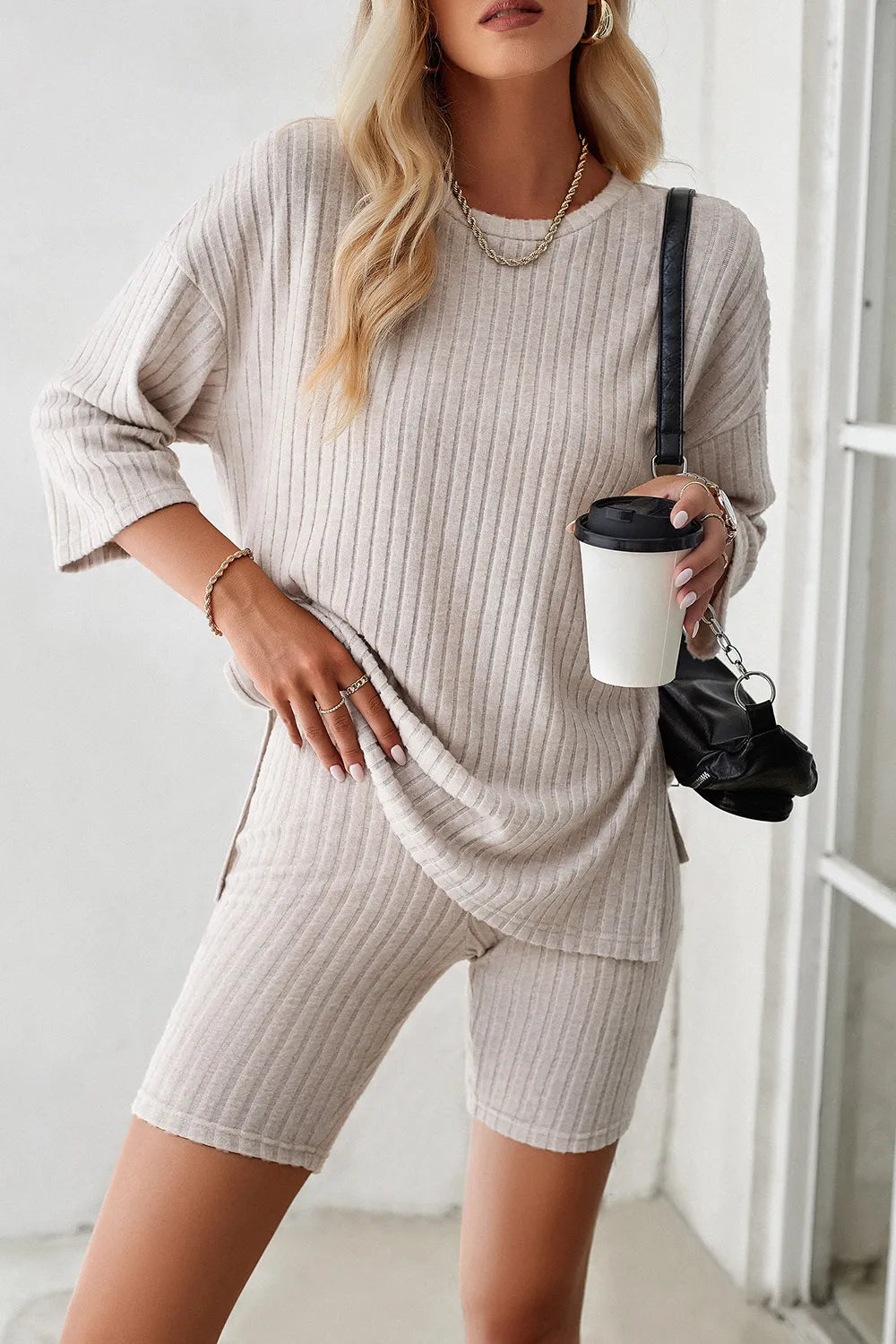 Devine Ribbed Round Neck Top and Shorts Set - Clothes For Her Online Store