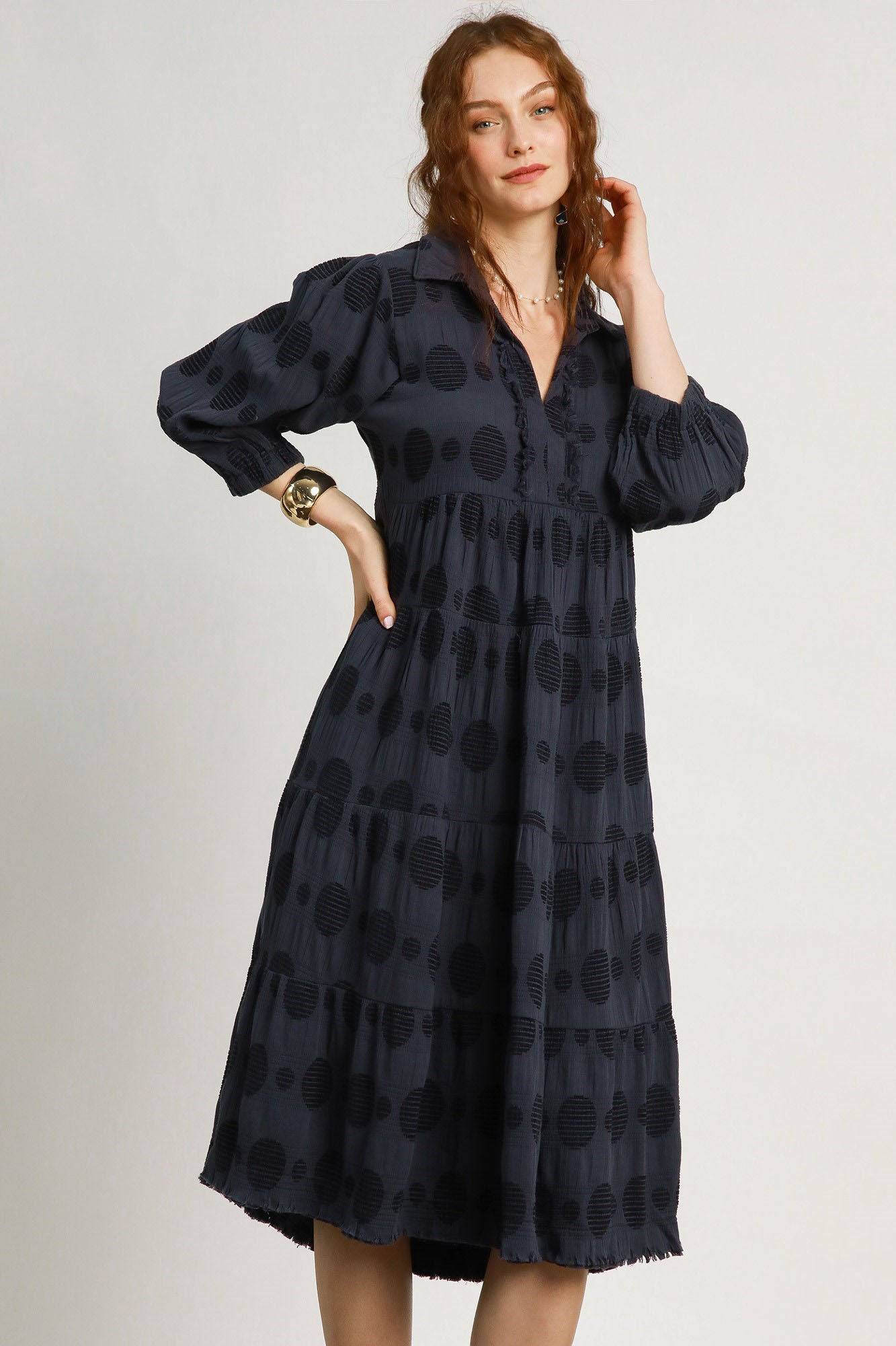 Umgee Full Size Solid Dotted Jacquard Midi Dress Plus Size - Clothes For Her Online Store