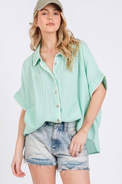 SAGE+FIG Boho Contrast Zigzag Trim Gauze Button-Up Shirt