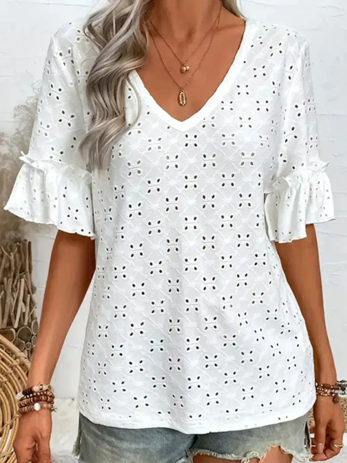 Eyelet V-Neck Half Sleeve Blouse