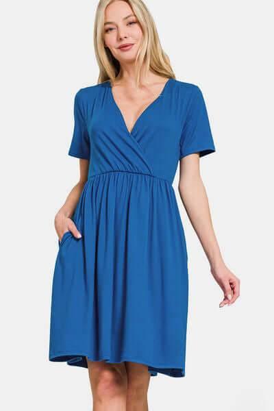Zenana Surplice Short Sleeve Brushed DTY Dress - Clothes For Her Online Store
