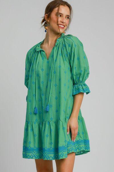 Umgee Full Size Tassel Embroidered Flounce Sleeve Mini Dress Plus Size - Clothes For Her Online Store