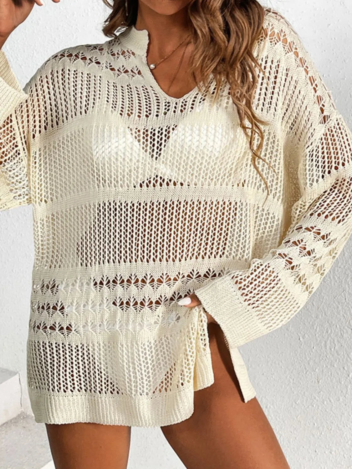 Openwork Notched Long Sleeve Knit Cover Up