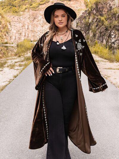 Plus Size Embroidery Open Front Long Sleeve Cardigan - Clothes For Her Online Store