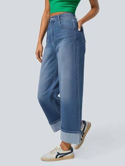 High Rise Rolled Straight Leg Jeans