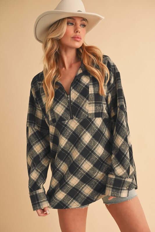 Aemi + Co Slit Plaid Half Zip Drop Shoulder Top