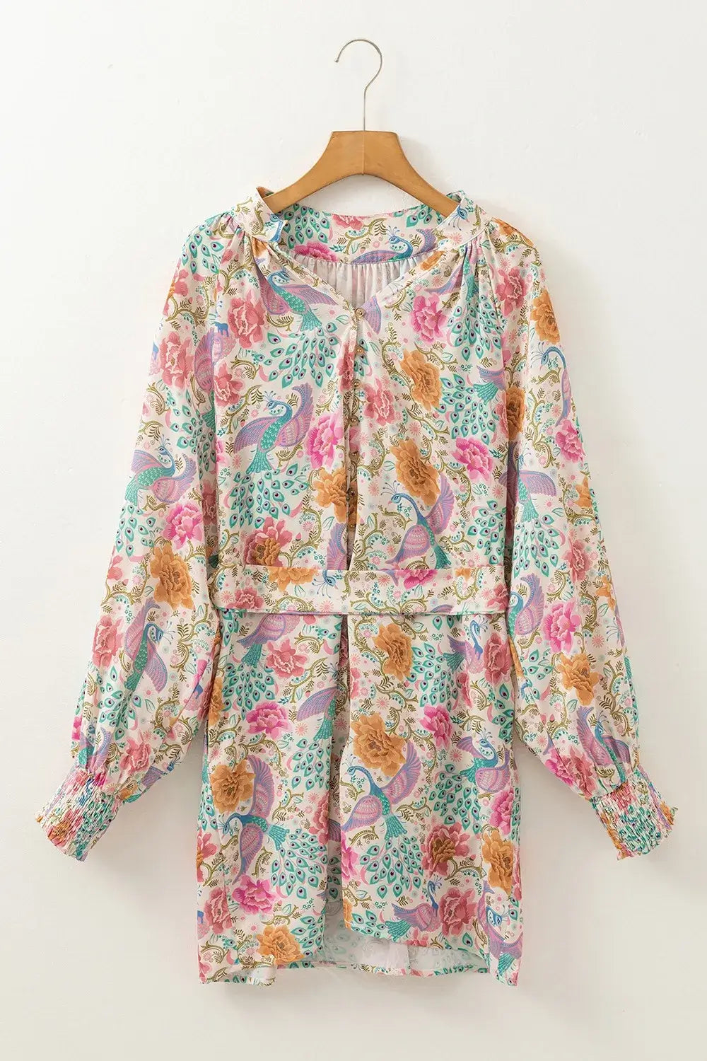 Printed Notched Lantern Sleeve Dress