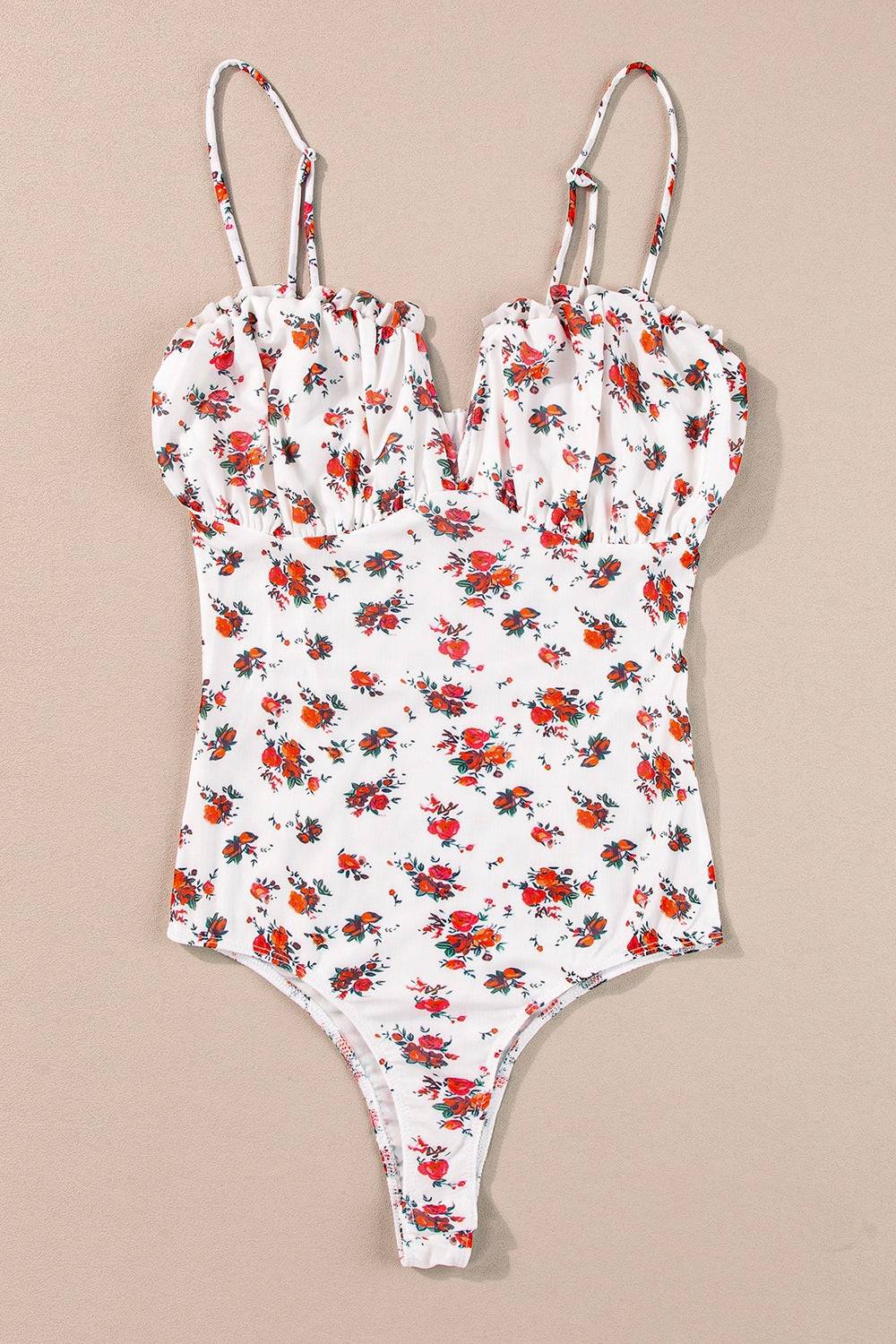 Floral Frilled Trim Spaghetti Straps Bodysuit