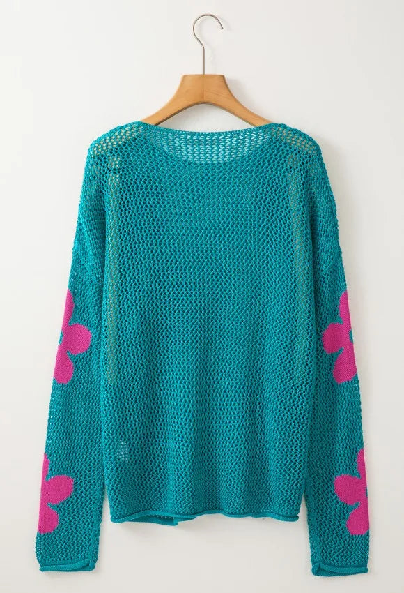 Openwork Round Neck Floral Knit Cover Up