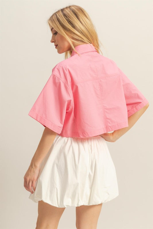 HYFVE Front Pockets Poplin Collared Neck Crop Shirt - Clothes For Her Online Store