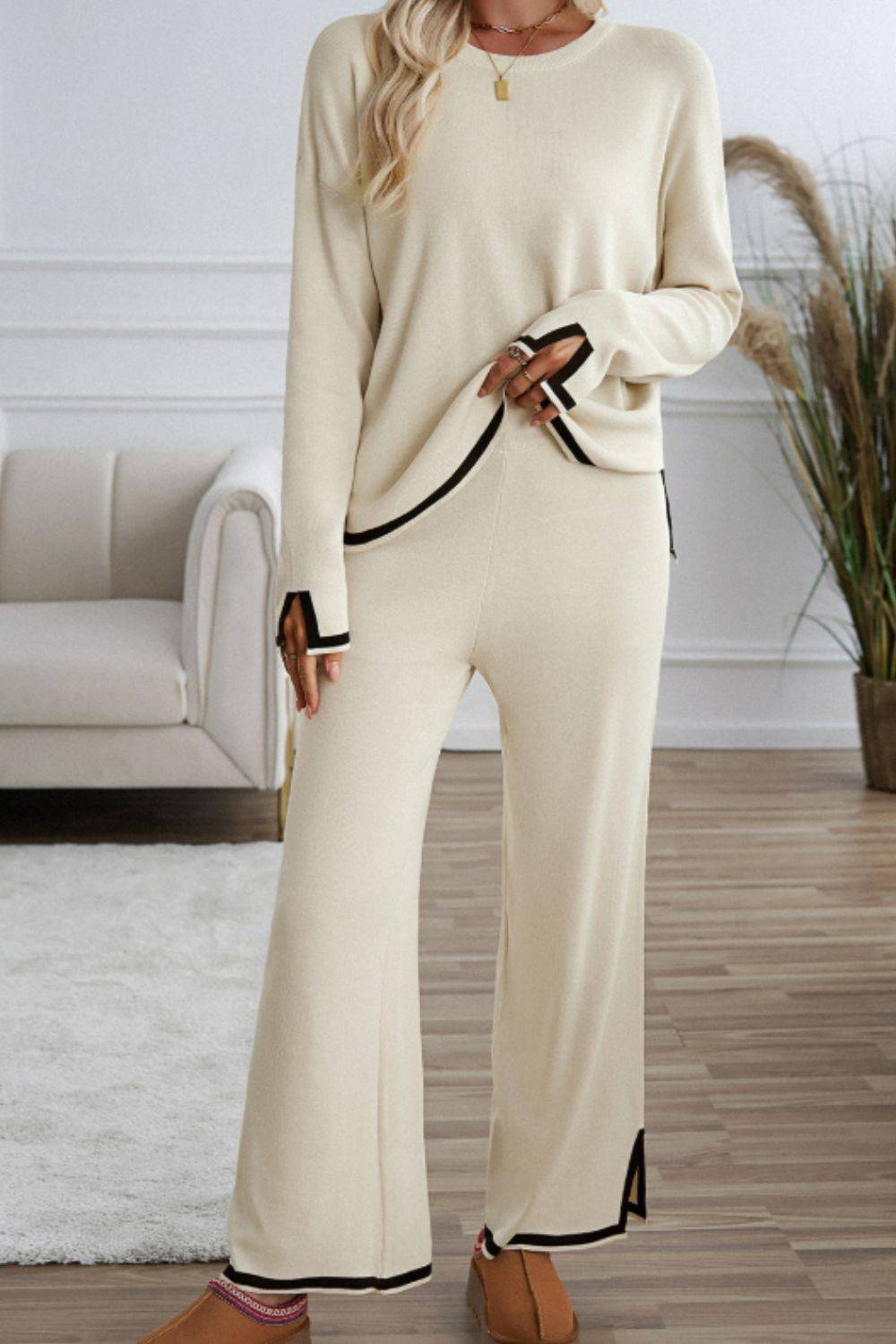 Contrast Trim Round Neck Top and Pants Sweater Set - Clothes For Her Online Store