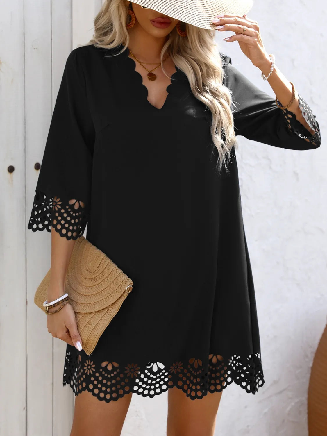 Cutout V-Neck Three-Quarter Sleeve Mini Dress