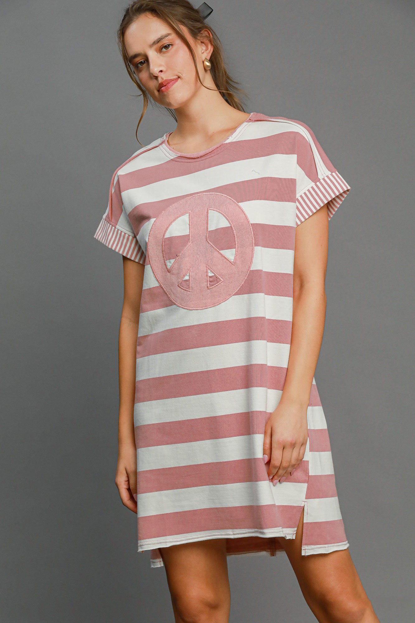 Umgee Peace Applique Striped Short Sleeve Mini Dress - Clothes For Her Online Store