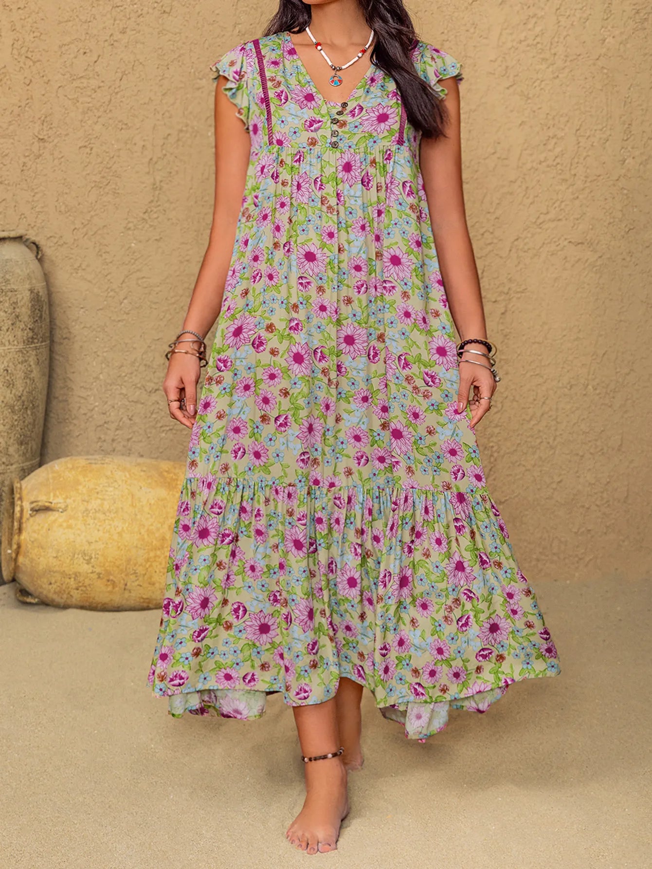 Plus Size Ruffled Printed V-Neck Midi Dress
