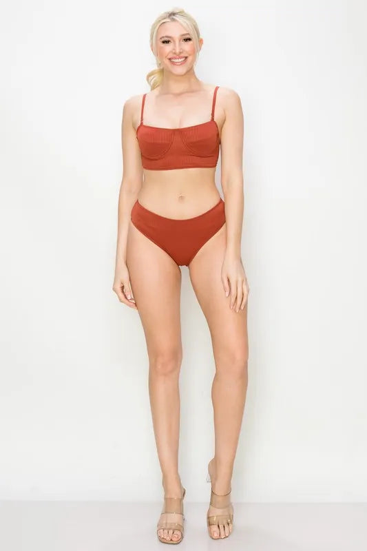 And The Why Ribbed Underwire Plunge Bikini Swimsuits