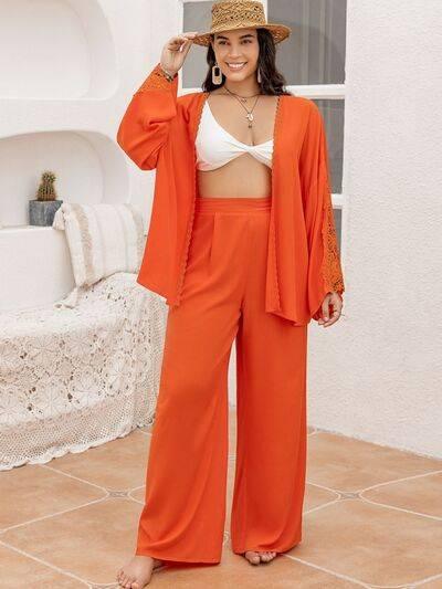 Plus Size Lace Detail Long Sleeve Top and Pants Set - Clothes For Her Online Store
