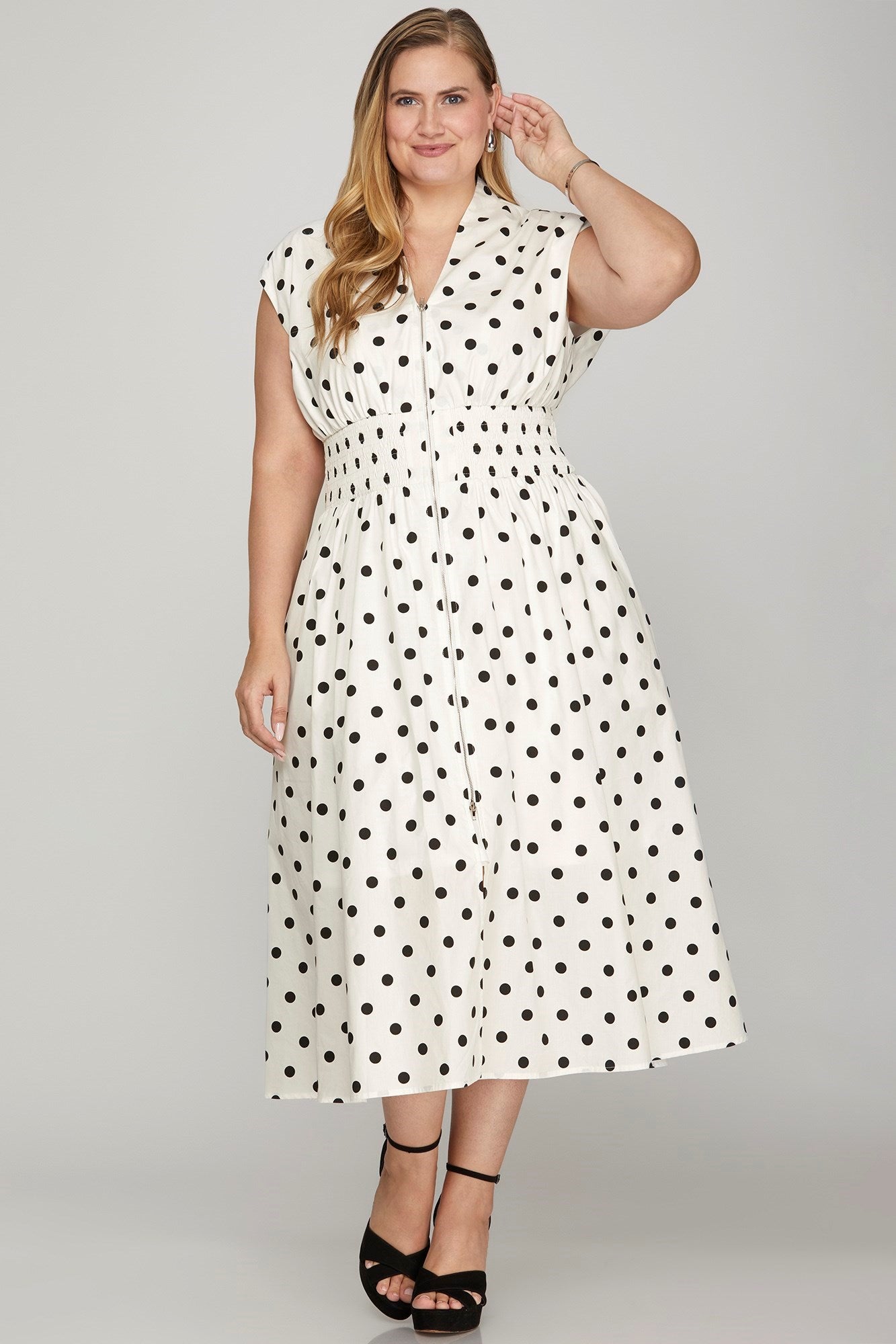 She + Sky Front Zip Polka Dots Cap Sleeve Midi Dress - Clothes For Her Online Store