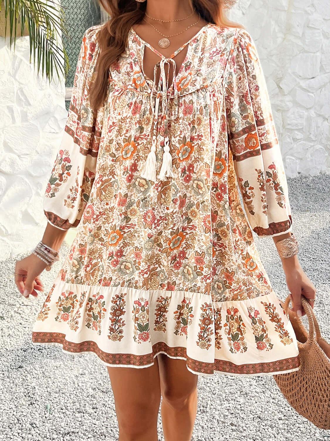 Devine Tassel Floral Tie Neck Mini Dress