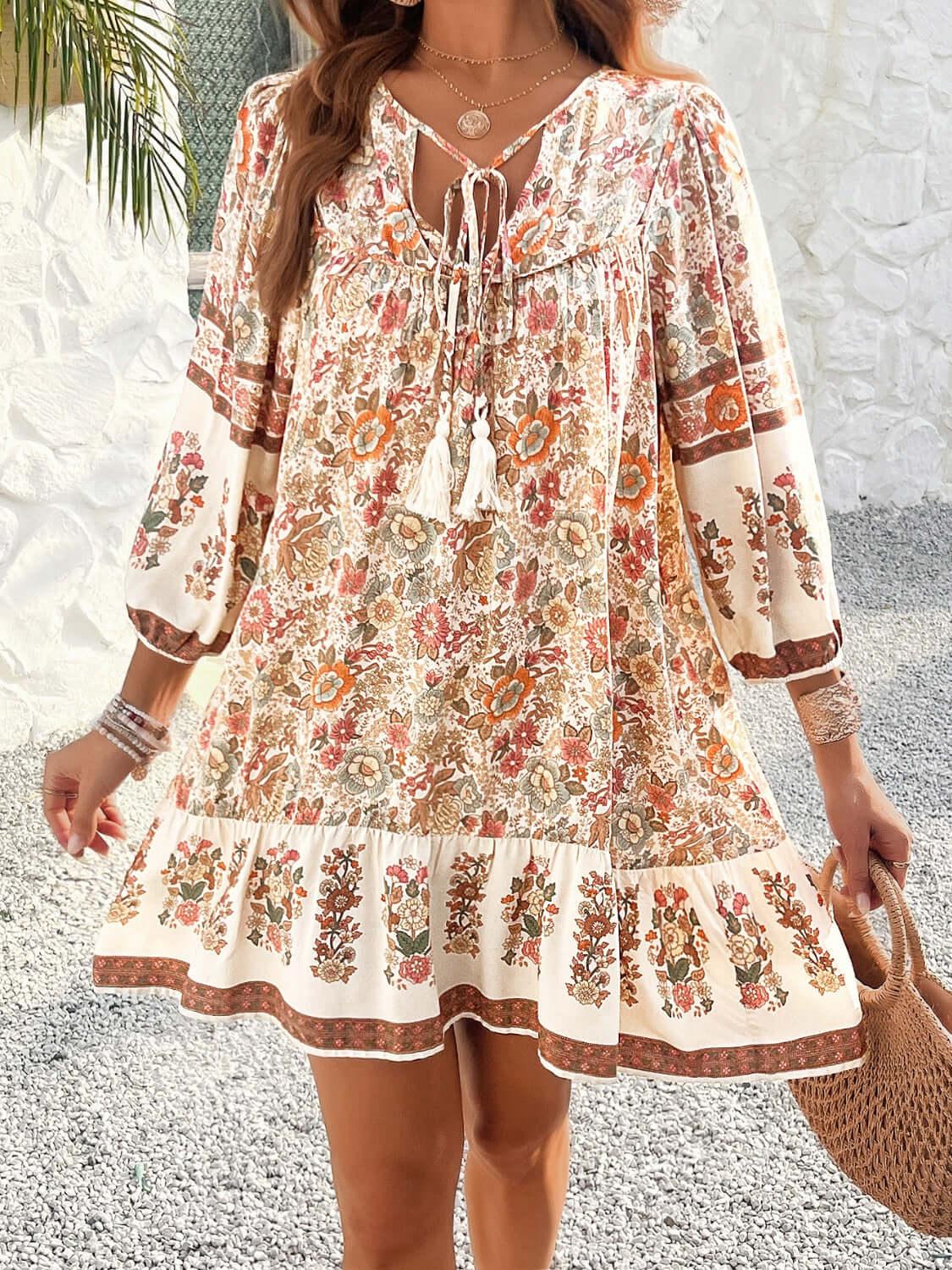 Devine Tassel Floral Tie Neck Mini Dress - Clothes For Her Online Store