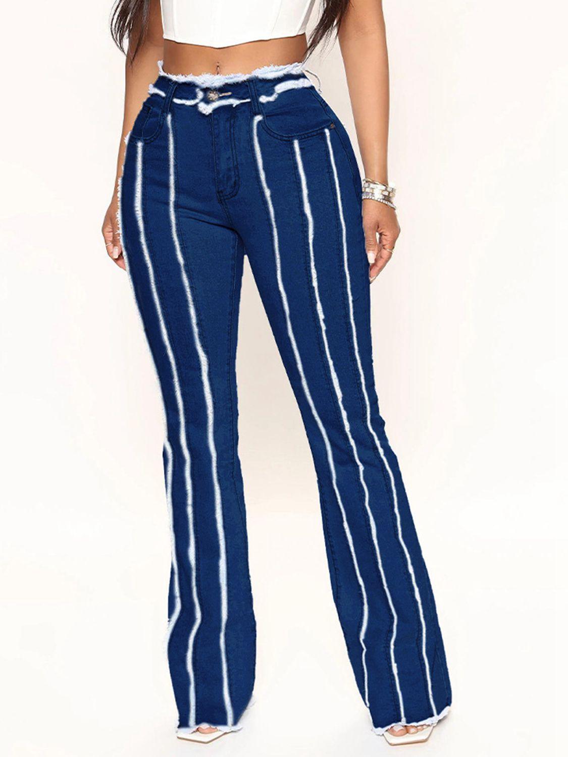 Striped Raw Hem Jeans - Clothes For Her Online Store