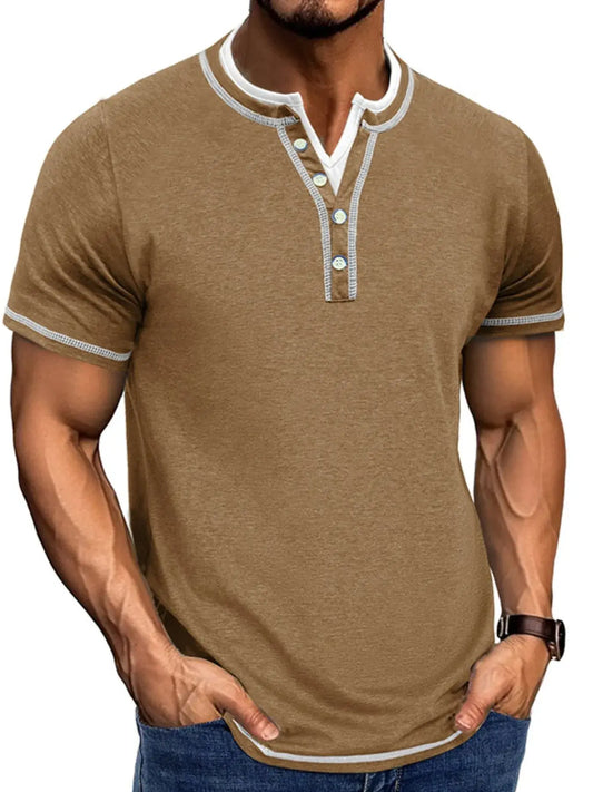 Men's Casual Henley Polo Shirt with Contrast Trim