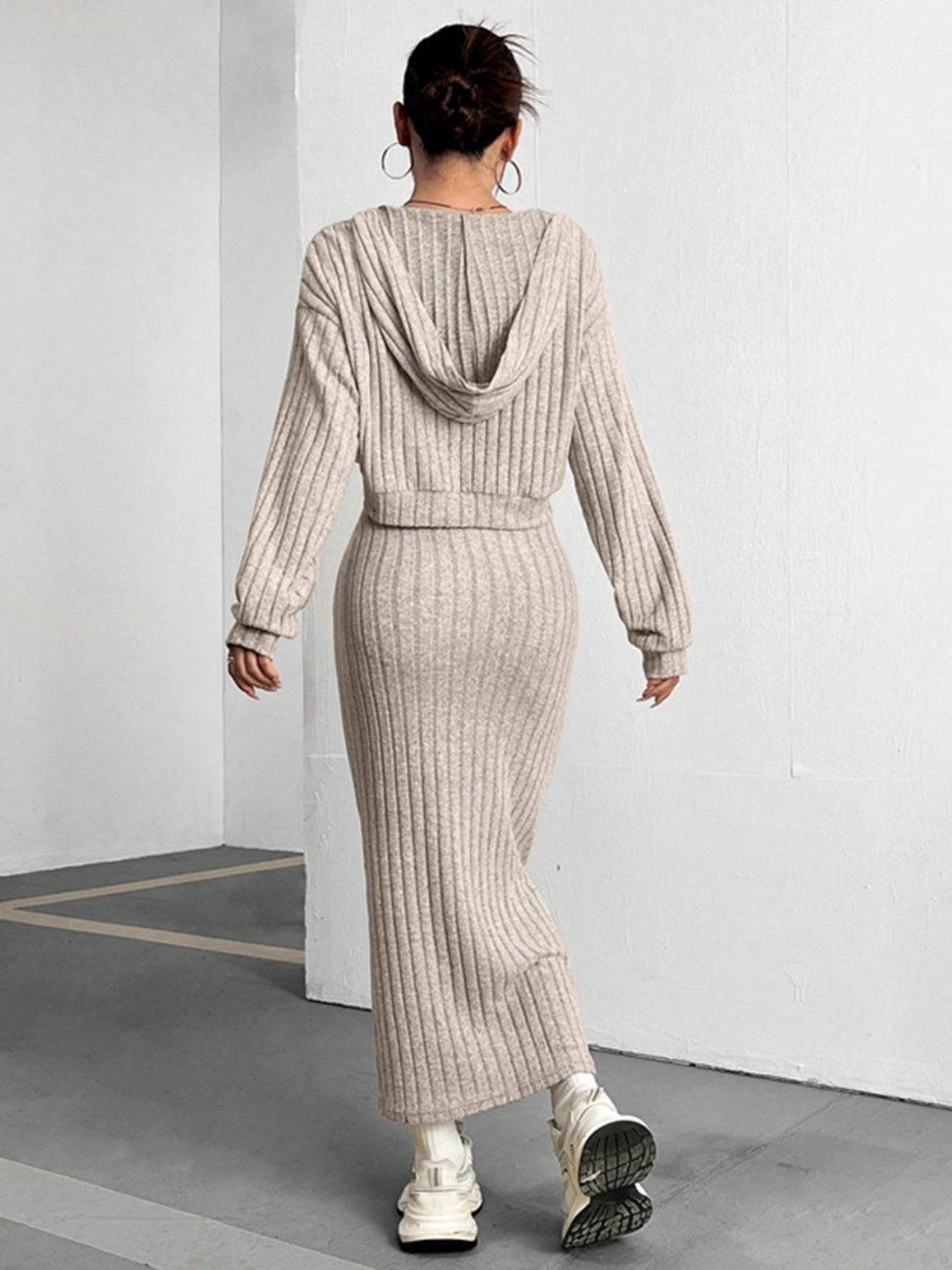 Ribbed Cropped Hooded Top and V-Neck Tank Dress Set - Clothes For Her Online Store