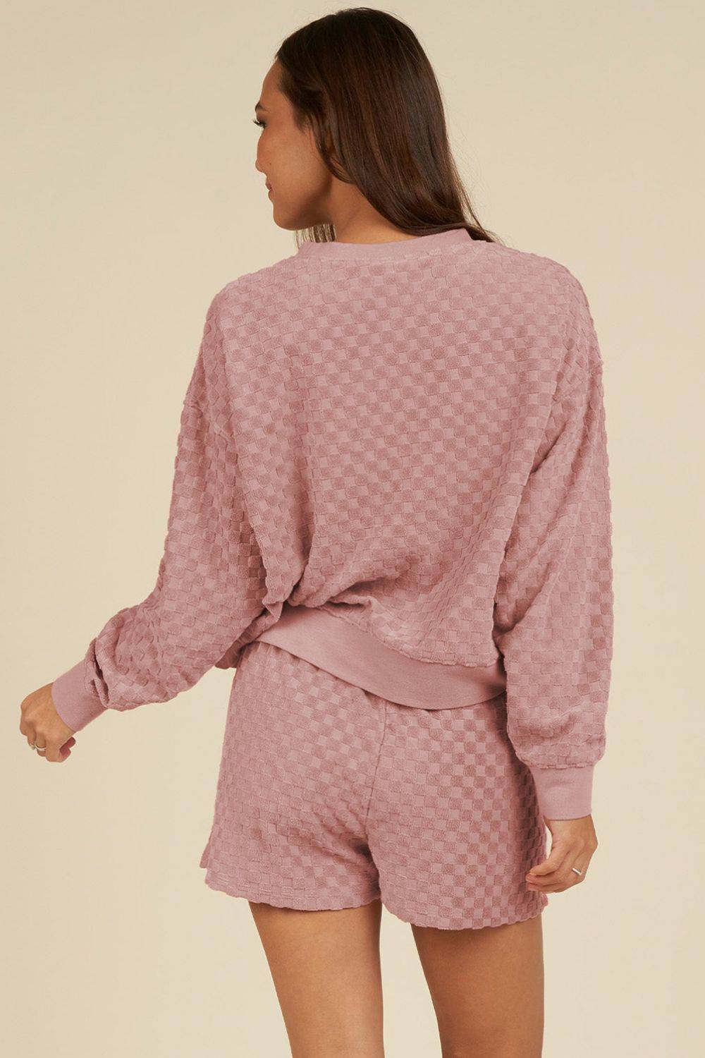 Round Neck Long Sleeve Checkered Top and Shorts Set - Clothes For Her Online Store
