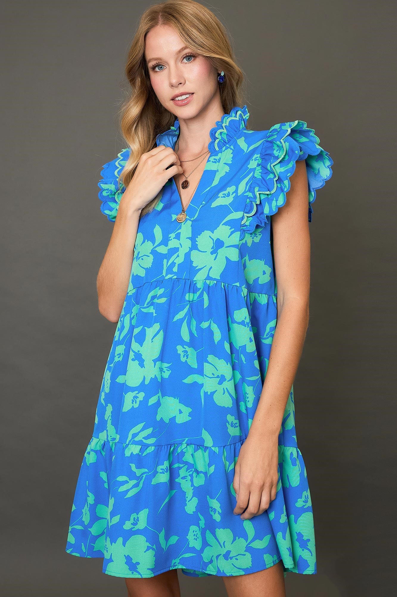 Umgee Full Size Two Tone Floral Print Ruffle Cap Sleeve Mini Dress Plus Size - Clothes For Her Online Store