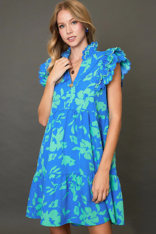 Umgee Full Size Two Tone Floral Print Ruffle Cap Sleeve Mini Dress Plus Size - Clothes For Her Online Store
