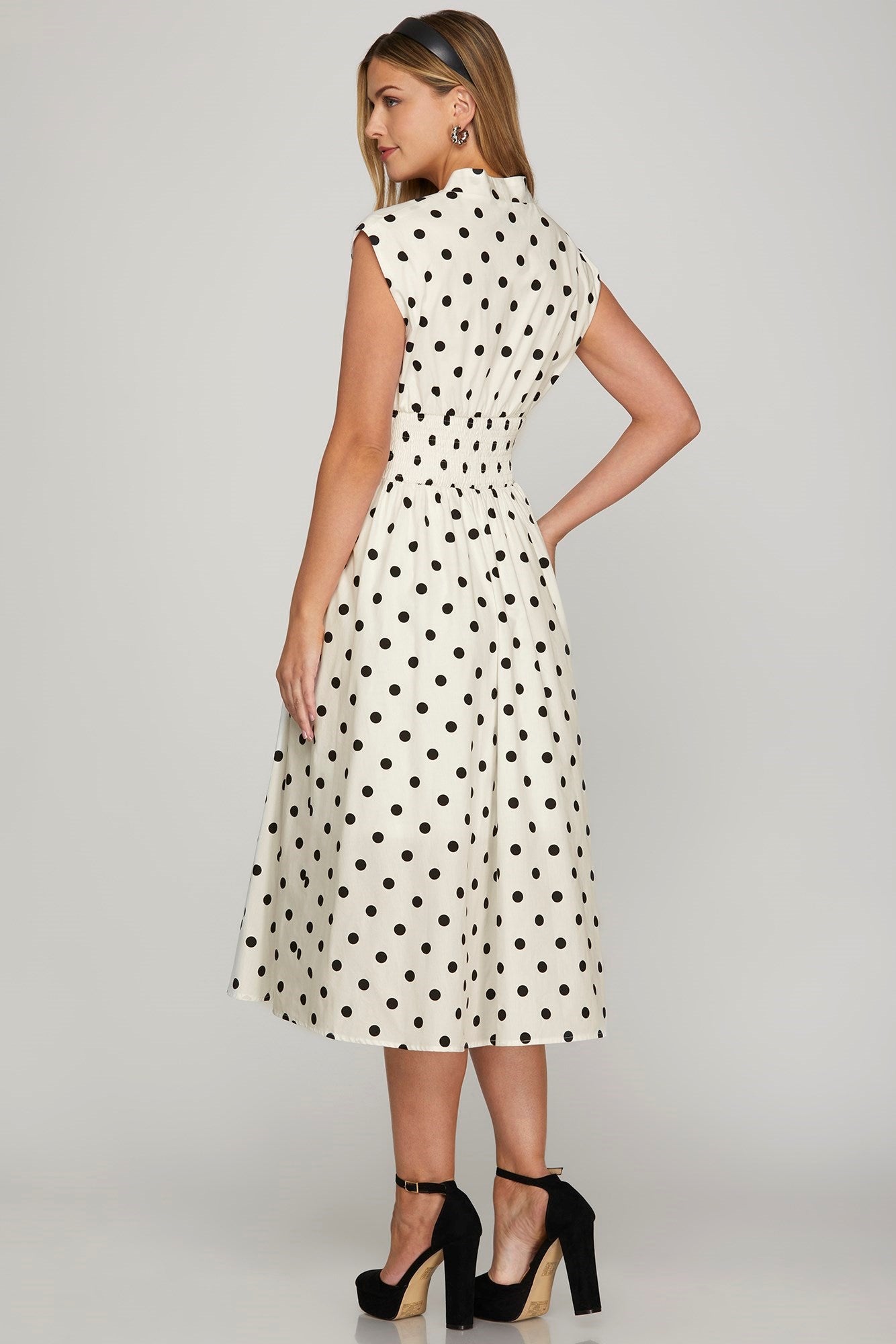 She + Sky Front Zip Polka Dots Cap Sleeve Midi Dress - Clothes For Her Online Store