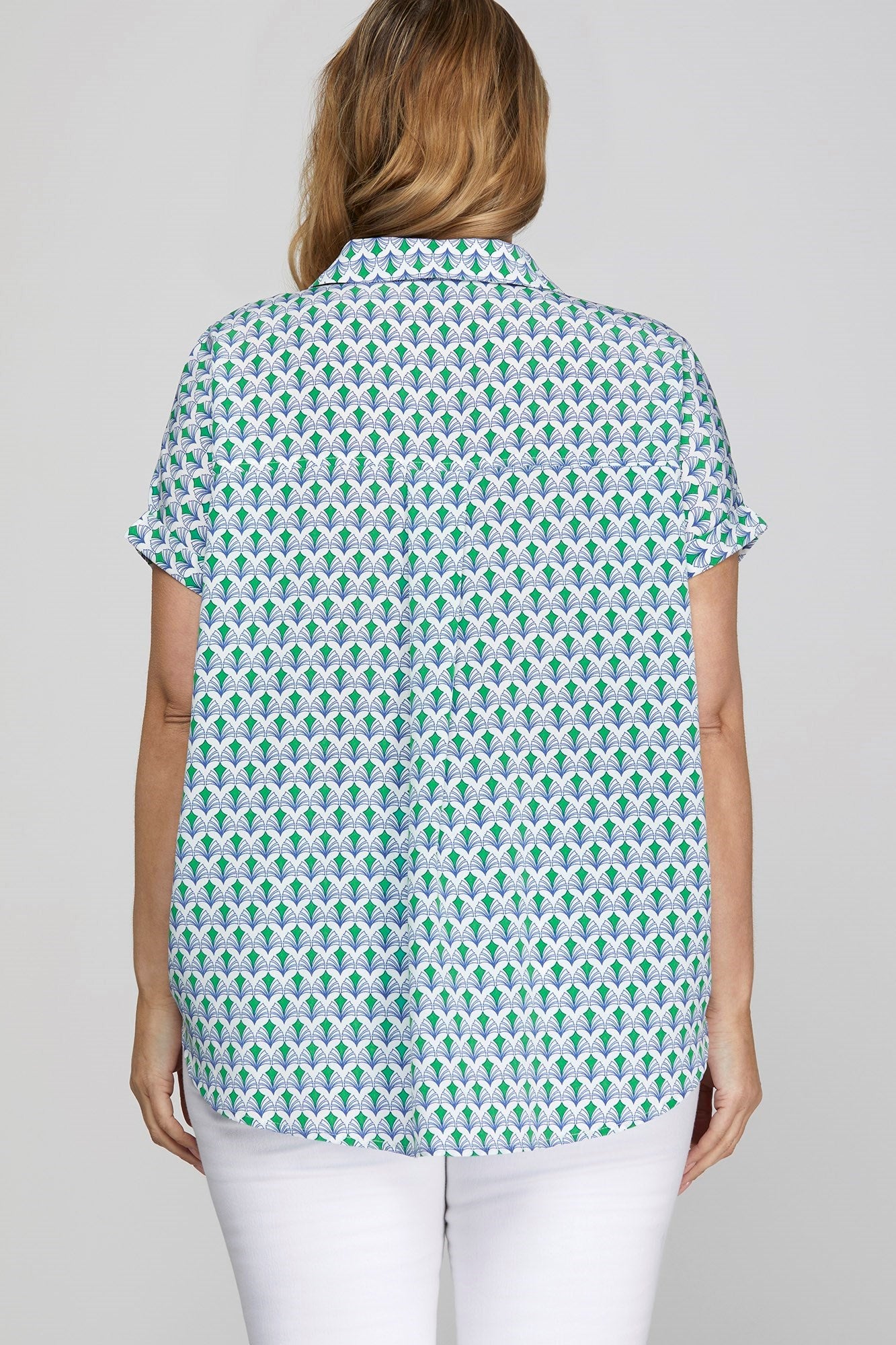 She + Sky Full Size Printed Johnny Collar Short Sleeve Blouse Plus Size - Clothes For Her Online Store