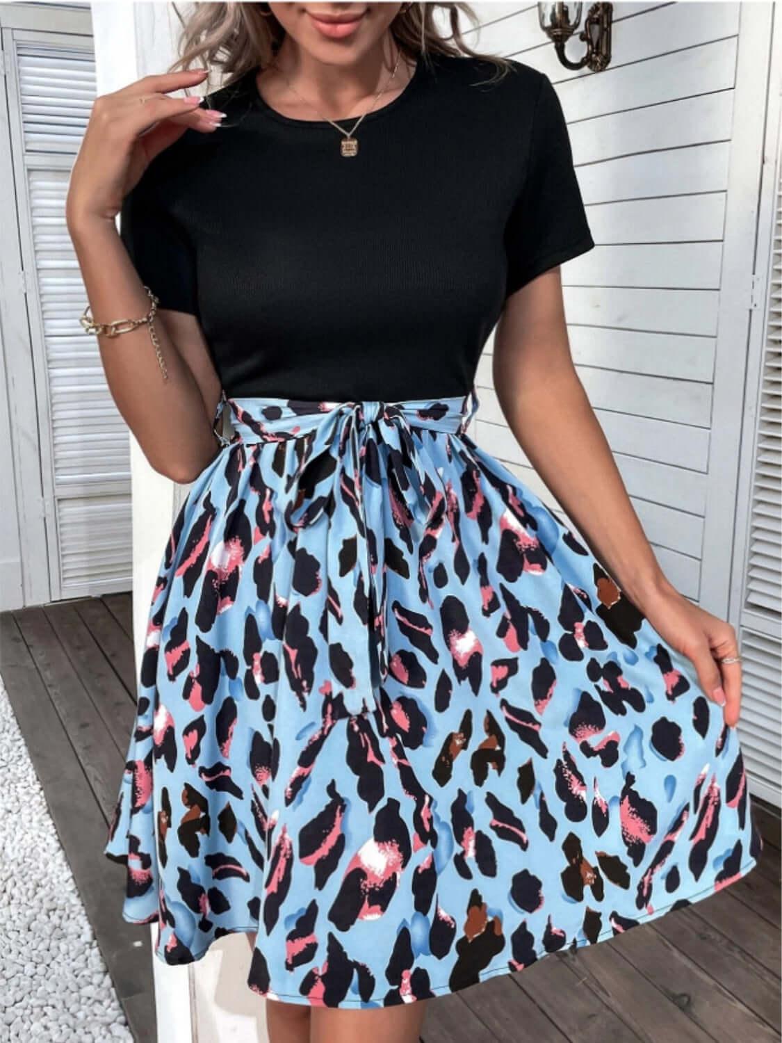 Tied Front Contrast Leopard Short Sleeve Mini Dress