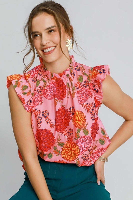 Umgee Full Size Floral Print Ruffled Cap Sleeve Blouse Plus Size - Clothes For Her Online Store