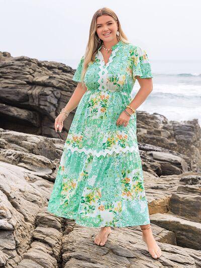 Plus Size Printed Notched Short Sleeve Maxi Dress